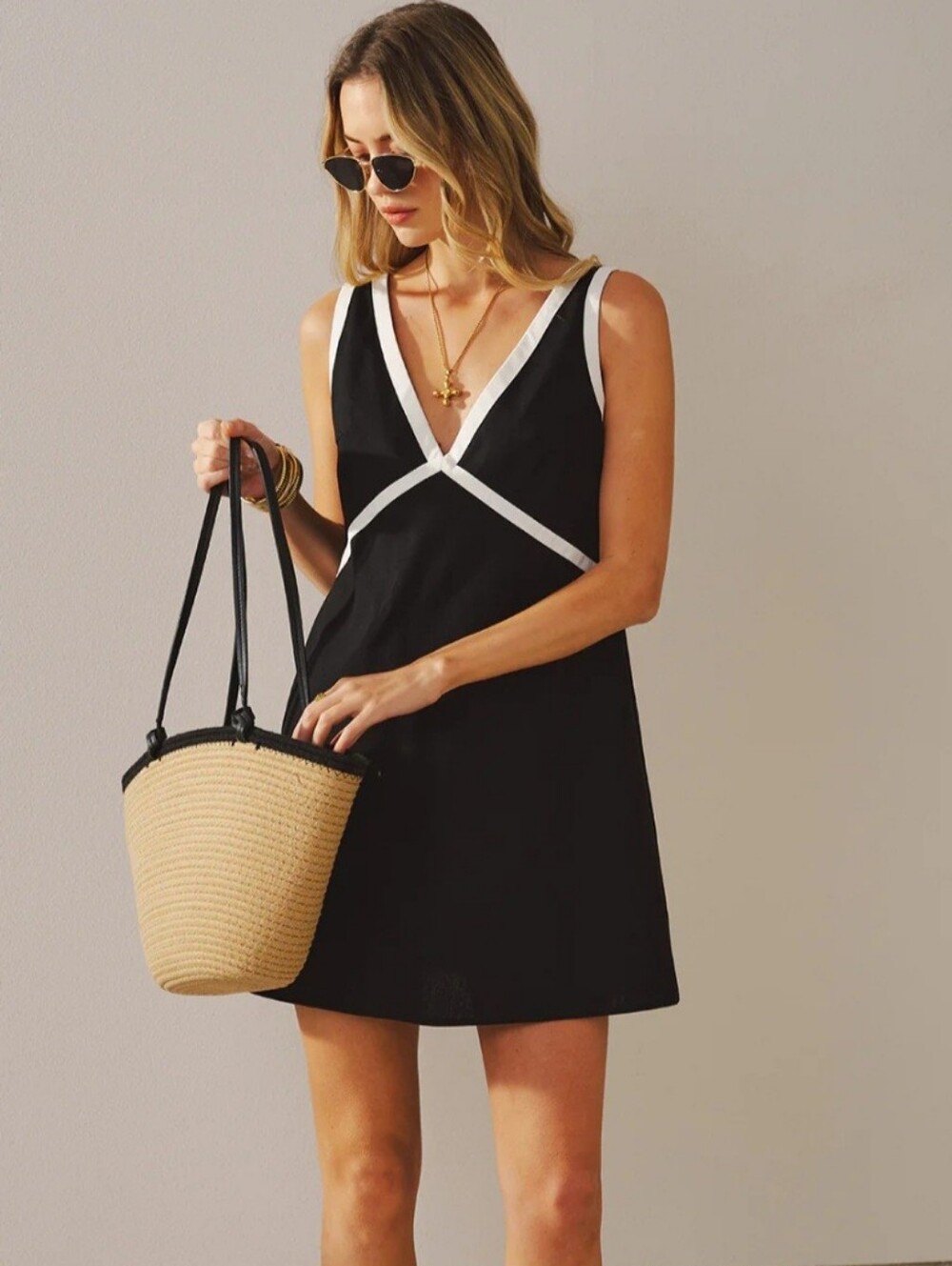 Commense Black Mini Dress with White Trim Accents